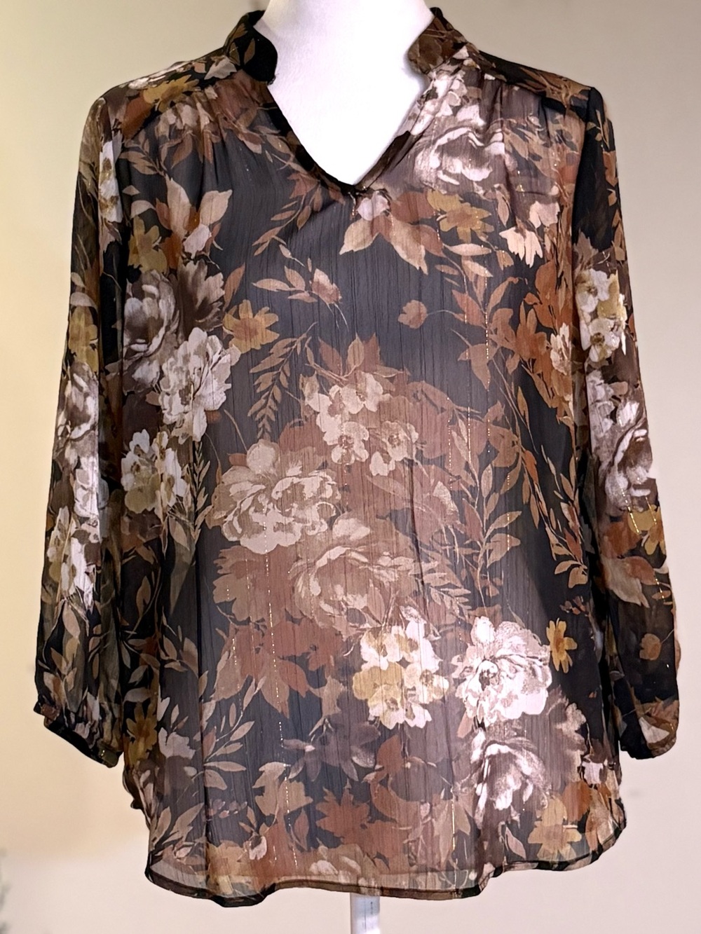 I.N. Studio Sheer Floral Split-neck Blouse, Long Sleeve Elastic Cuff, Petite M
